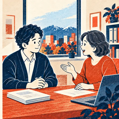 パソコンと確認した資料を机に残し、相手の話に耳を傾ける人。