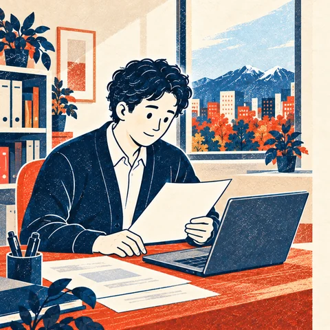 書類とパソコンを見ながら作業する人。