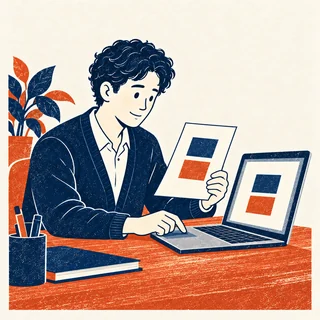 紙の内容を参照し、パソコンへ作業を渡す操作をする人。