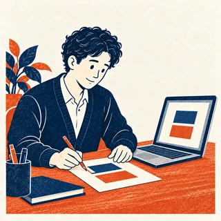 画面と出力した紙を見比べ、筆記具で修正する人。