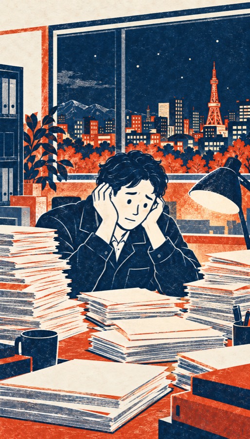 積み上がった書類に囲まれている様子